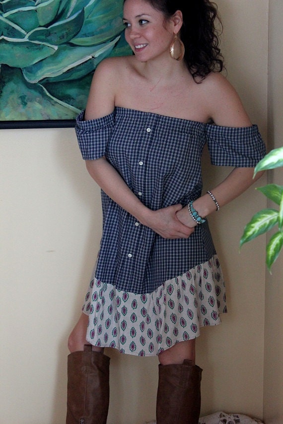 REVIVAL OOAK Upcycled Boho Dress/Tunic, Off the Shoulder, Plaid, Small to Medium, Recycled, Repurposed, Eco Friendly Clothing