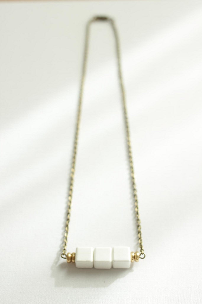 White Cube Necklace with Brass Beads on Collar Necklace