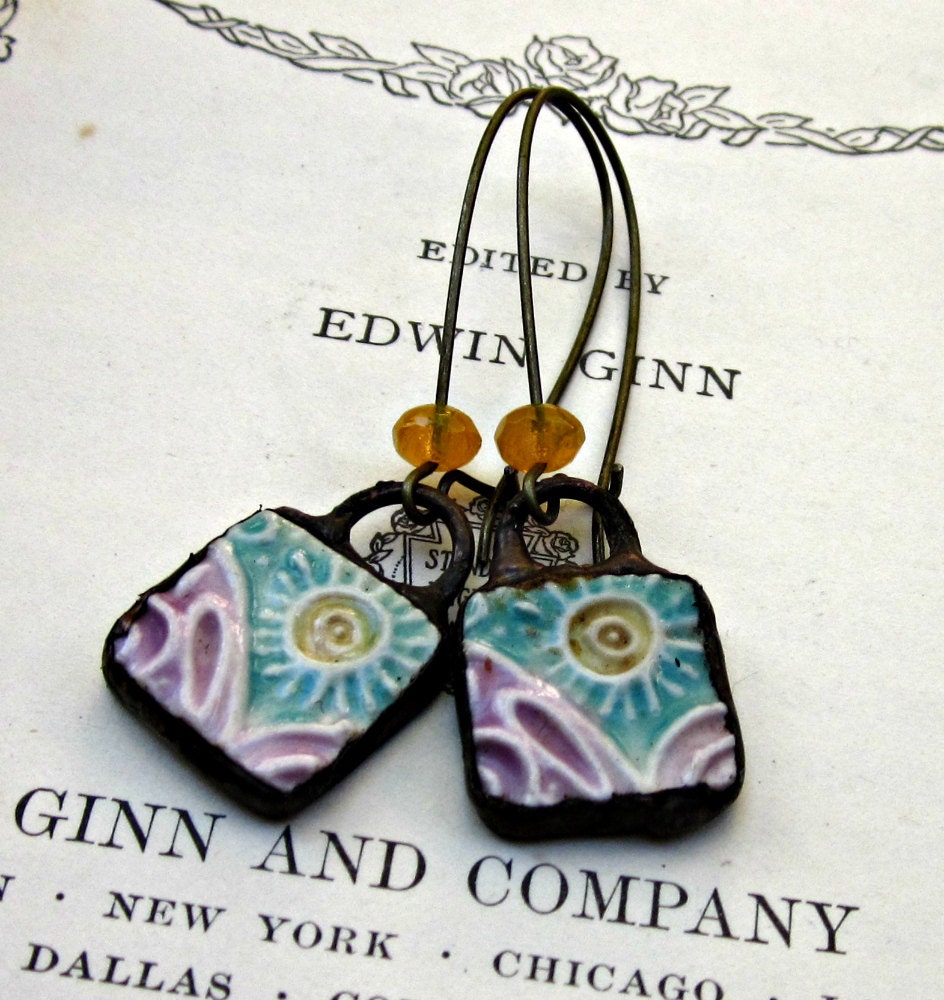 Sunrise Square Ceramic Dangle Earrings Pink Blue Yellow