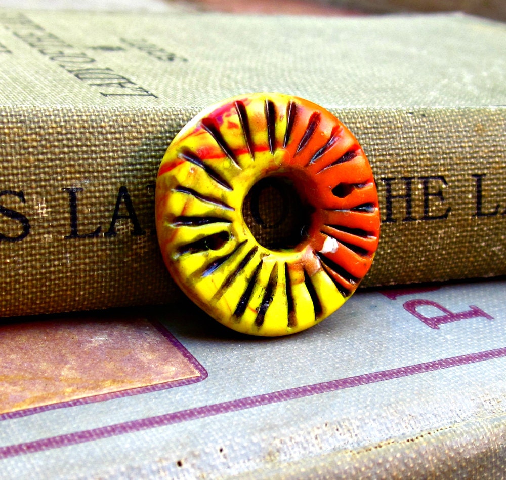 Starburst Swirl Orange Yellow Donut Connector Polymer Clay Beads Handmade