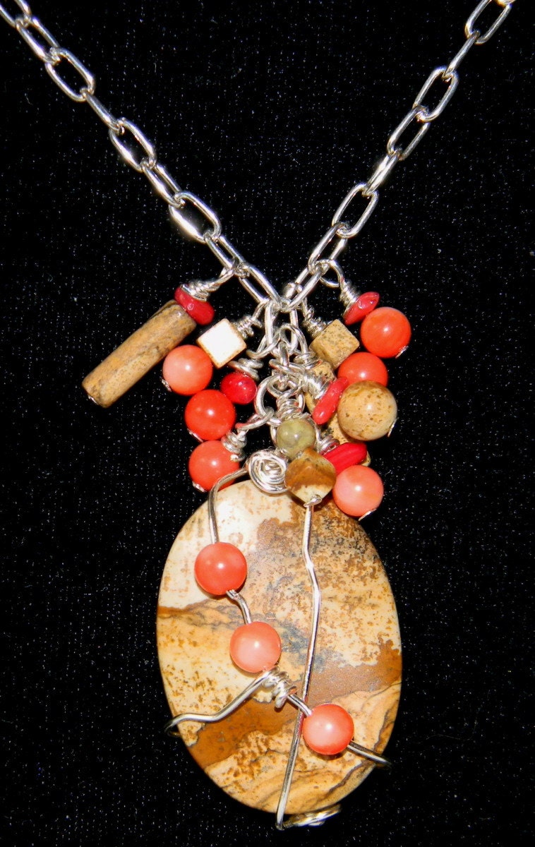 Picture Jasper and Coral Bead Wire Wrapped Pendant on Silver Chain