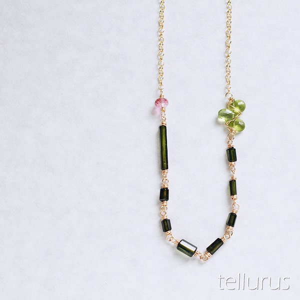 Artesia Necklace - tourmaline, peridot and pink quartz wire wrapped on 14K goldfilled chain