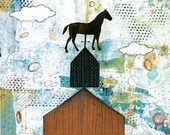 Horse Art Print , Folk Art Painting , Mixed Media Collage , Whimsical Art Reproduction , 8x10