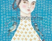 SALE Victorian bird and girl blue Art Print, "Mathilde in Blue" SALE