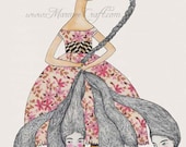 Surreal 1920s girls heads braids Art Print, "Counting"