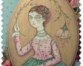 Original Pink Flower Fairy, Faerie Victorian Portrait Painting, MarmeeCraft  Mixed Media on Wood