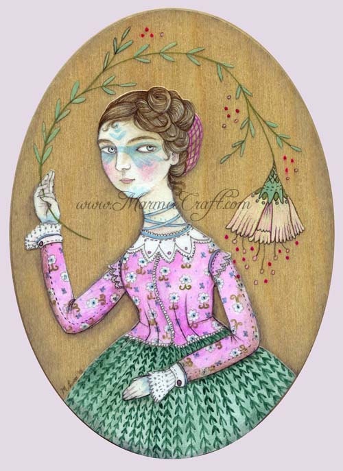 Pink flower fairy, faerie Victorian portrait art print, "Flower Faerie in Pink"
