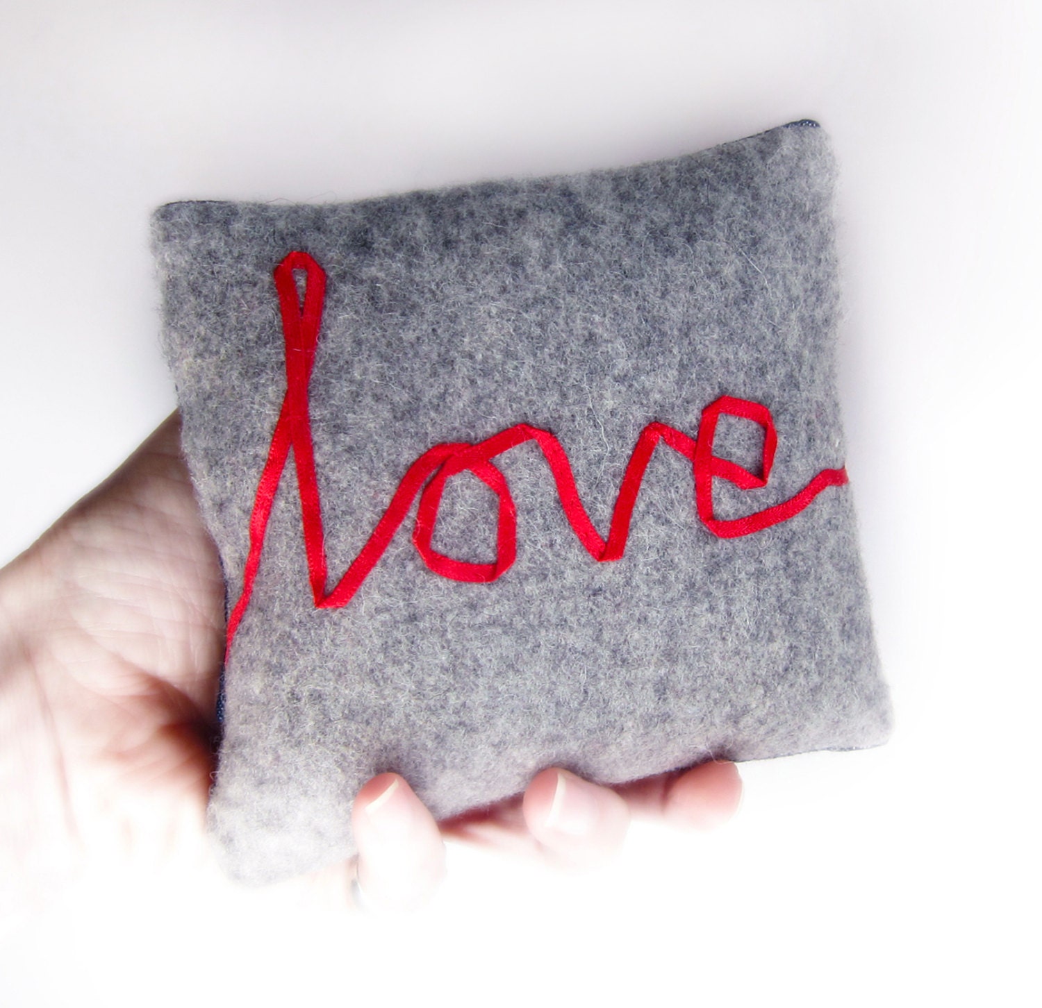 Love pillow small embroidered word cushion grey red ribbon lettering typography wool flannel memake handmade home decor
