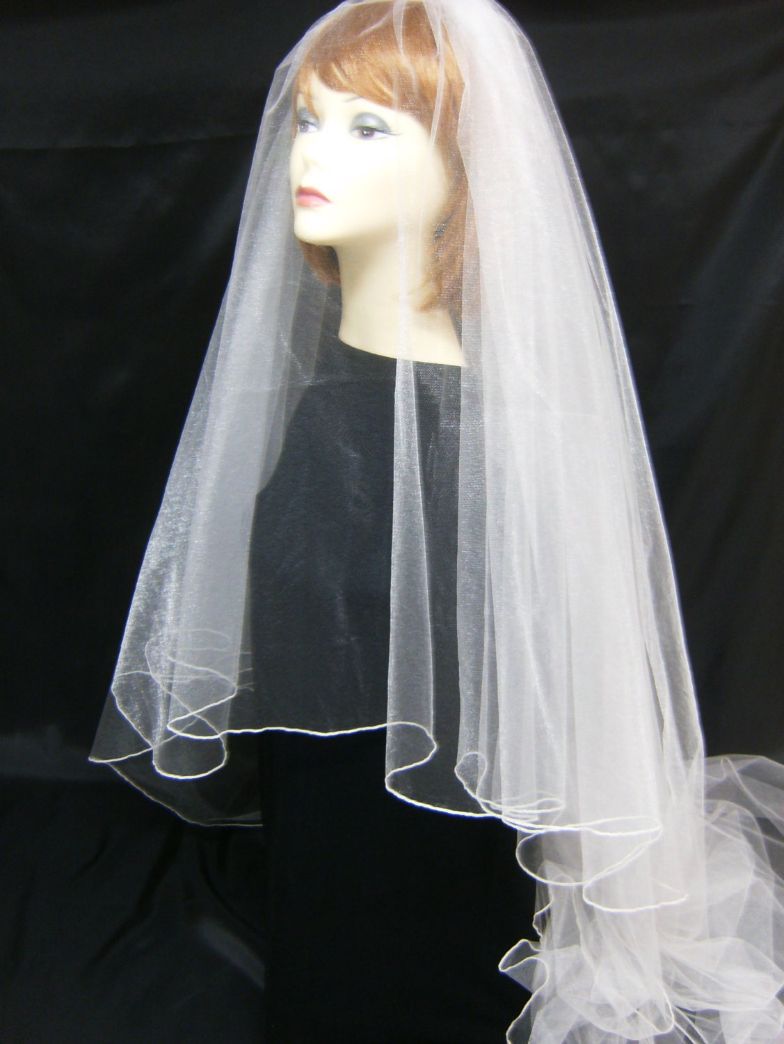 CAROLINE SII a Silk Pencil Edge Trim Cascading 108 Inch Long Cathedral Length Veil with a Continuous Blusher