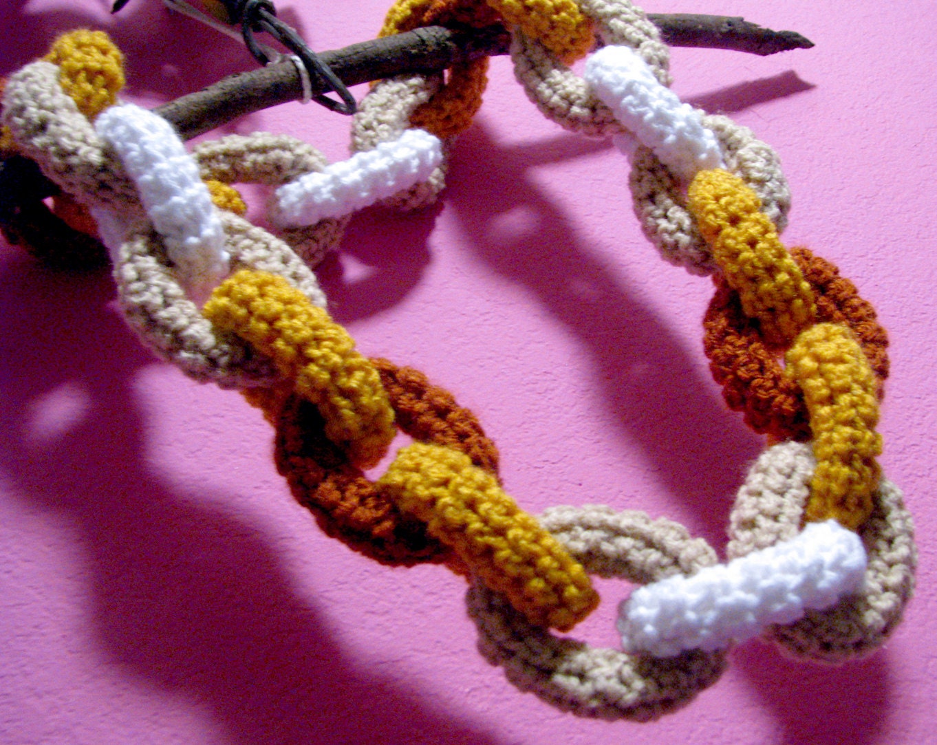 Seventies Kitchen Crocheted Chain Link Eternity Scarf / Necklace - Vegan Friendly White, Tan, Yellow, & Orange
