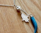 Lucky Charm Necklace - Tibetan Silver Hamsa, Turquoise Horn, Sugar Skull Long Charm Necklace