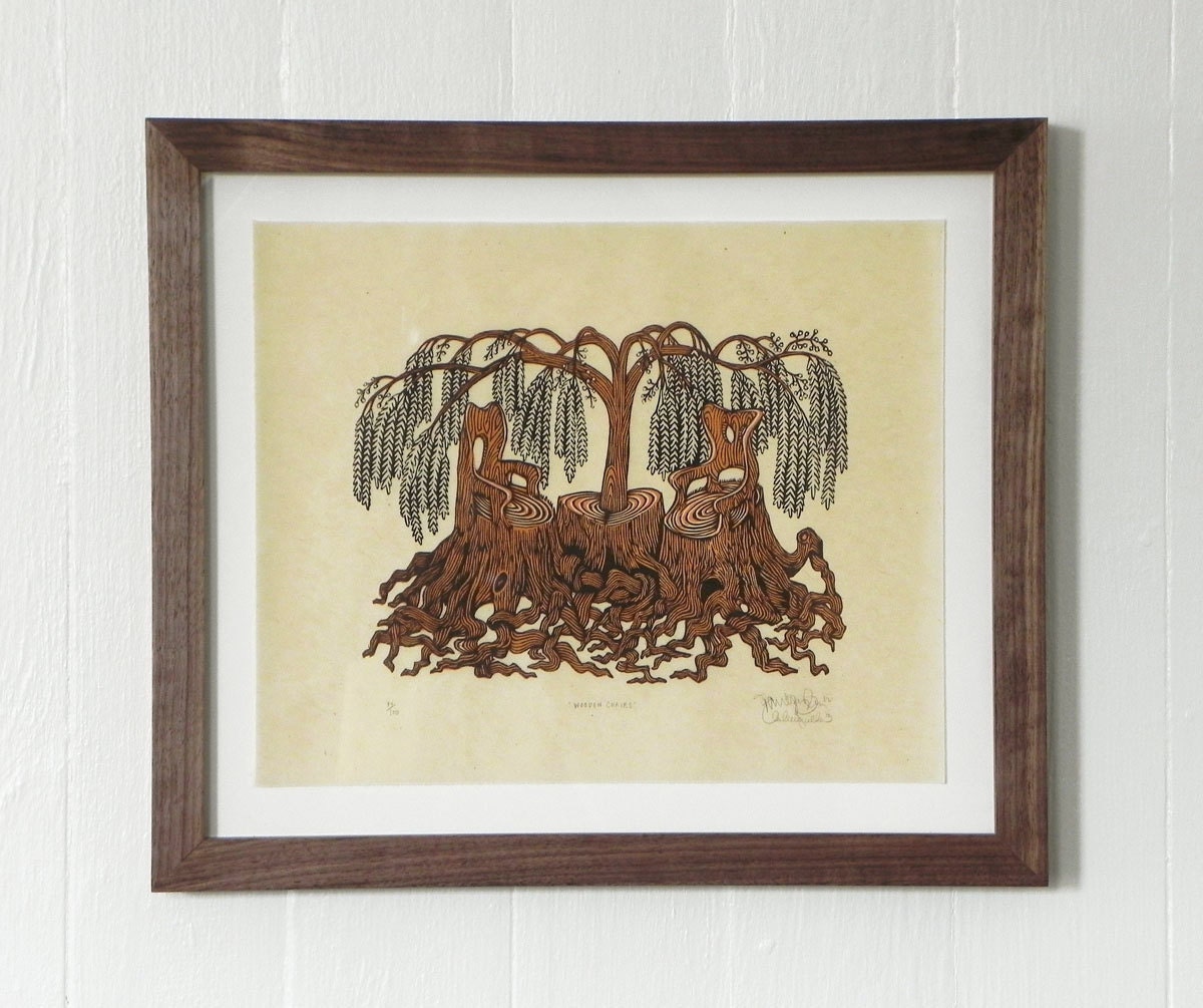 WOODEN CHAIRS Woodcut Print (Archivally Framed in Natural Walnut)