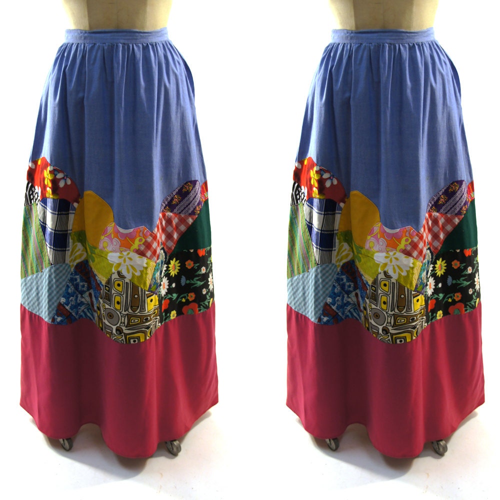 60s Psychedelic Applique Maxi Skirt / Quilted Landscape Hem / Cotton