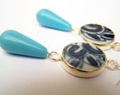Blue China Pottery Shard Earrings, Blue & White Ming Porcelain with Tiffany Blue Czech Glass Drops on Sterling Silver Fishhooks - Bleu