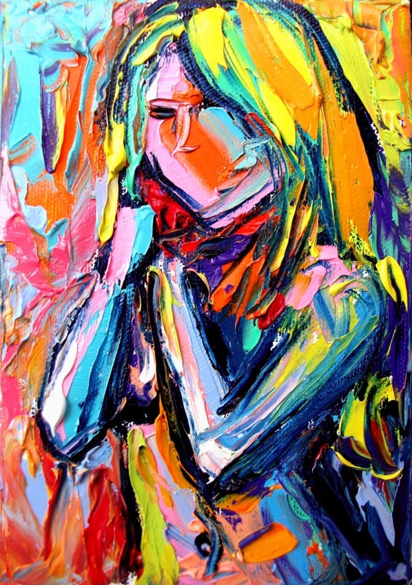 Nude oil painting abstract figure impasto art by Aja 5x7 Femme 312