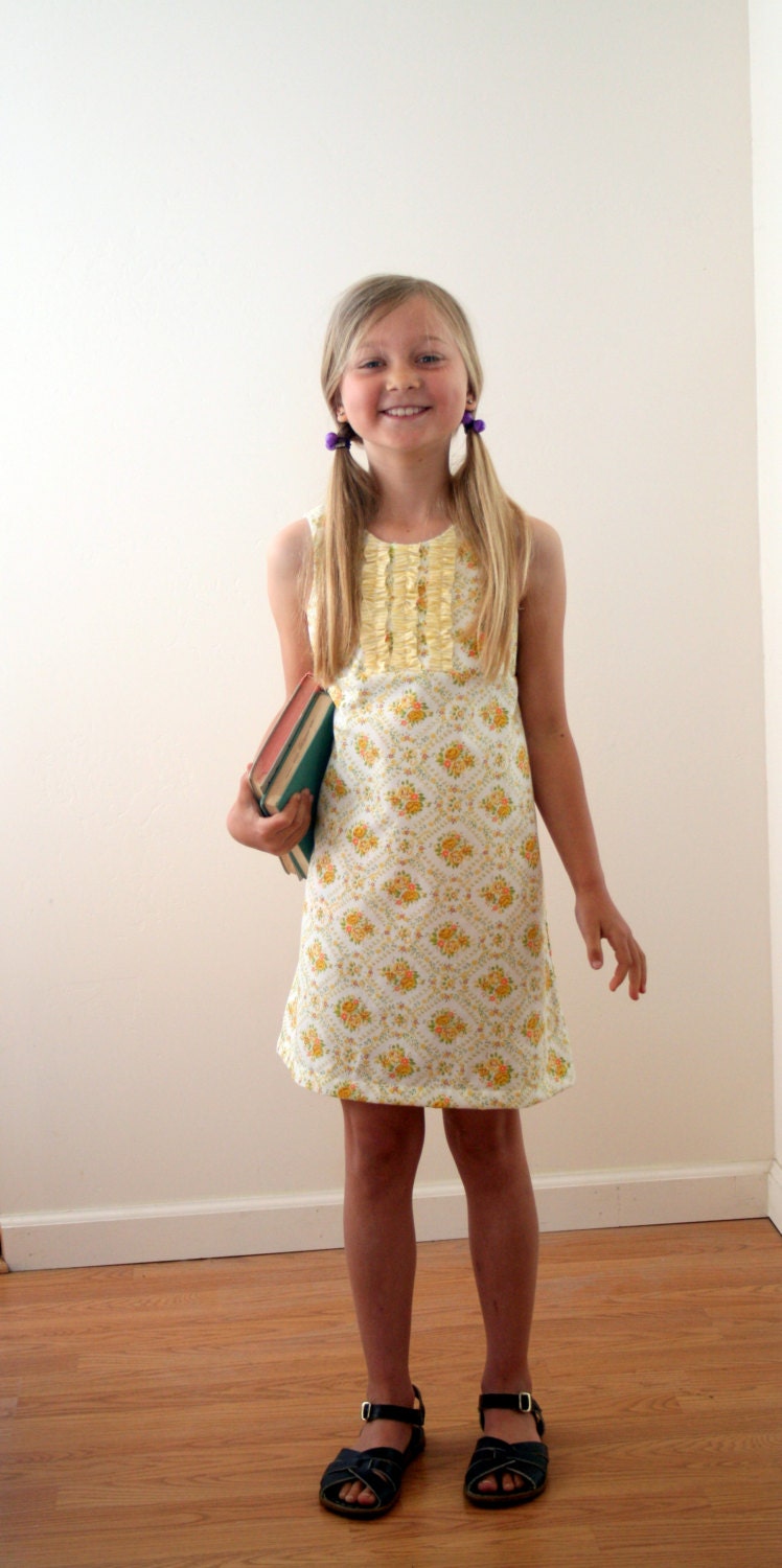 Retro Yellow A Line Dress, Up-Cycled, Eco-Friendly, Vintage Fabric, Girl Size 8