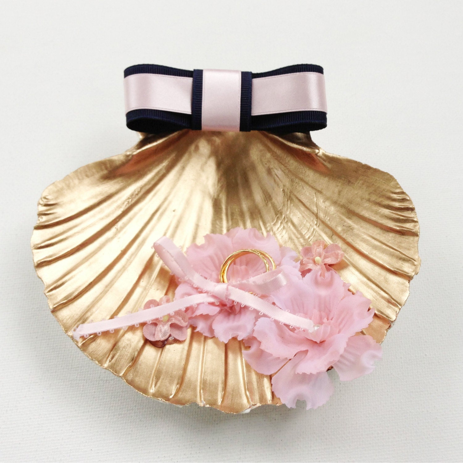 Ring Bearer Scallop Shell - Ring Bearer Alternative - Beach Wedding - Navy - Pink - Gold