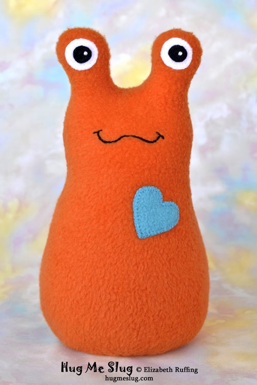 Handmade Slug, Stuffed Animal Plush Doll Kids Baby Art Toy, Hug Me Slug, Personalized Tag, Orange, Teal Fleece, 9 inch, Ready-made