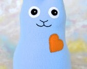 Handmade Rabbit, Stuffed Animal Plush Doll Art Toy, Hug Me Bunny, Personalized Hang Tag, Light Blue, Orange Fleece, 9 inch, Ready-made