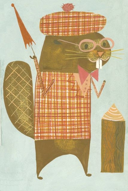 A beaver happy to see his dinner. Original gouache painting by Matte Stephens.