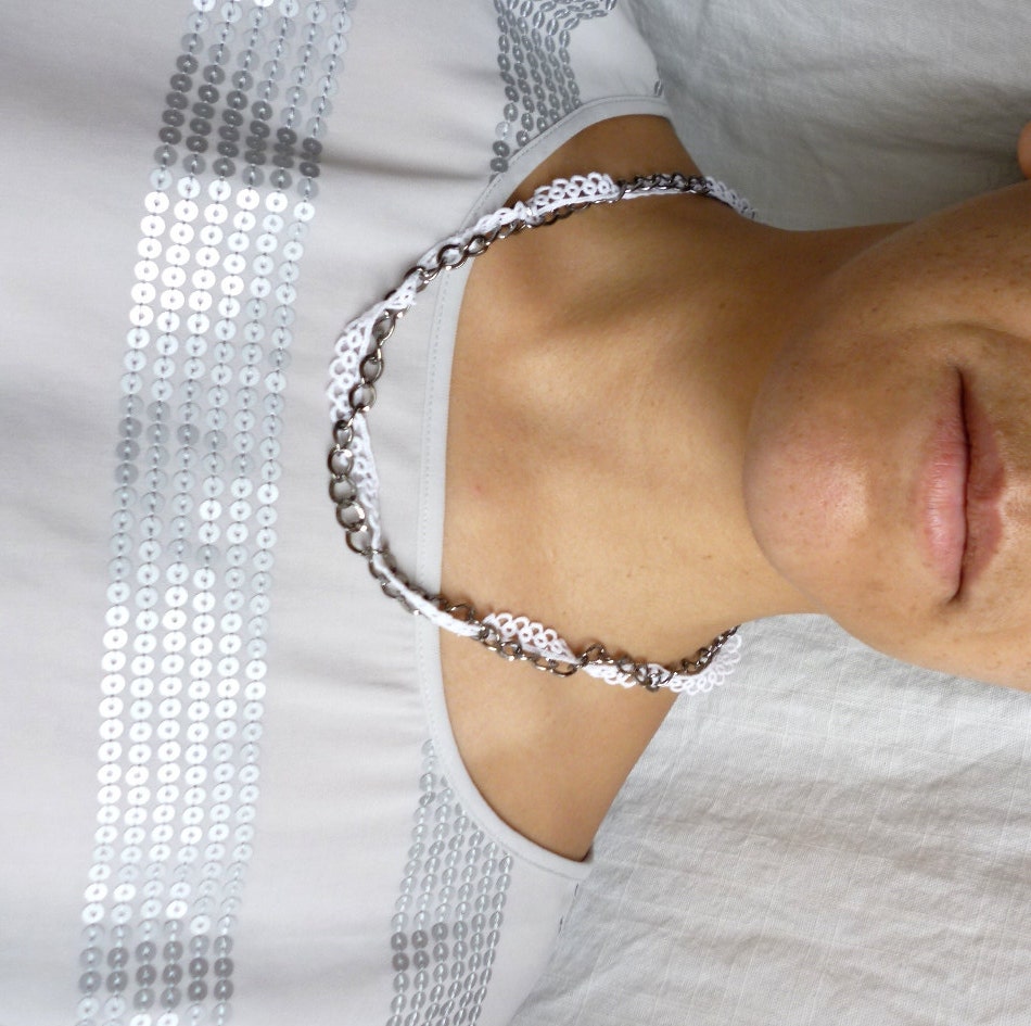 lace necklace with silver gunmetal chain - lace and chain necklace - clara necklace