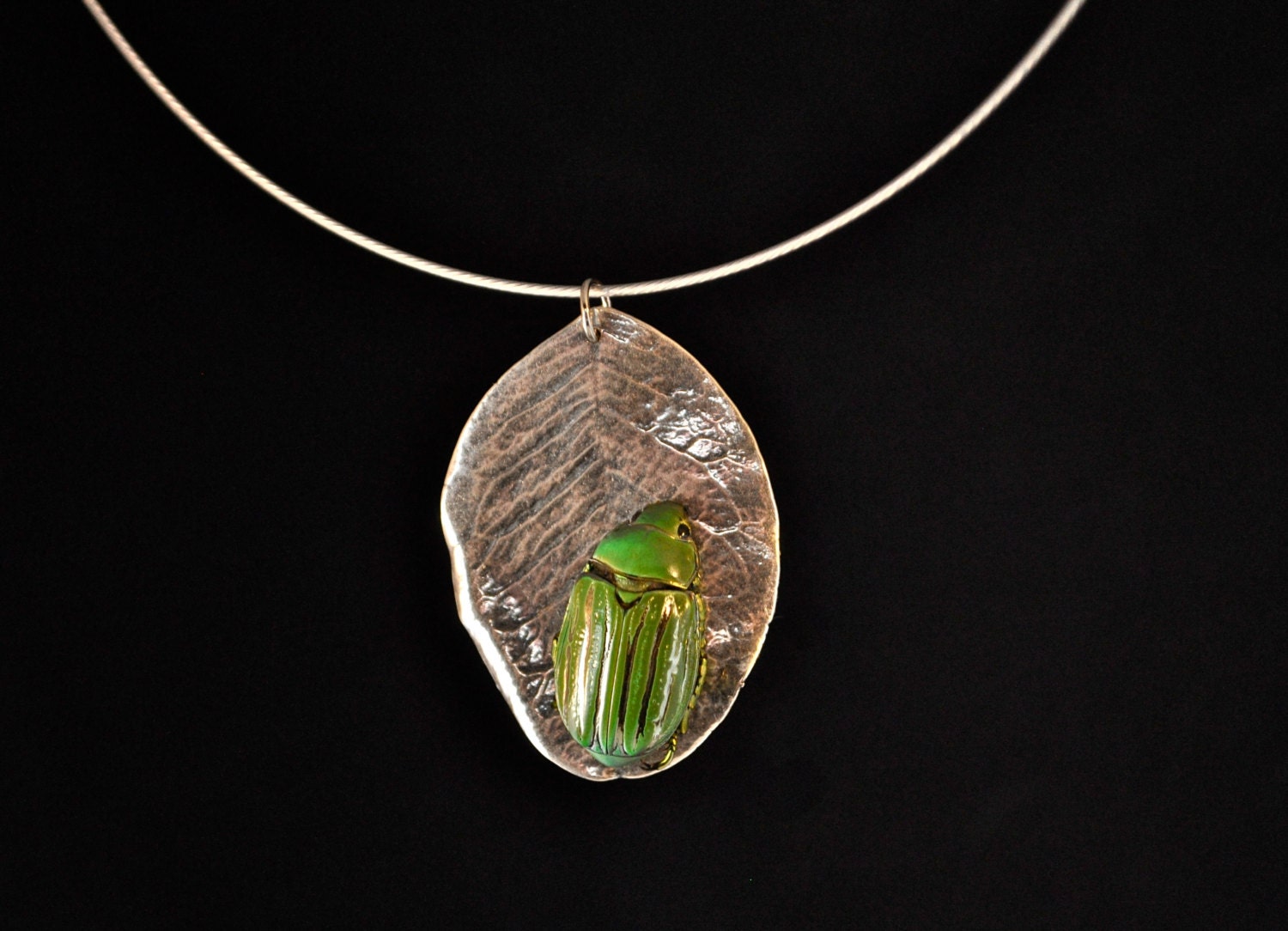 Real Sterling Leaf with Real Green and Silver Scarab Beetle Necklace
