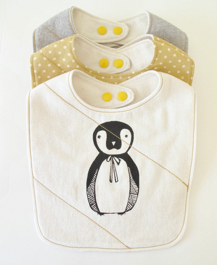 penguin baby bib made with organic cotton and flannel.