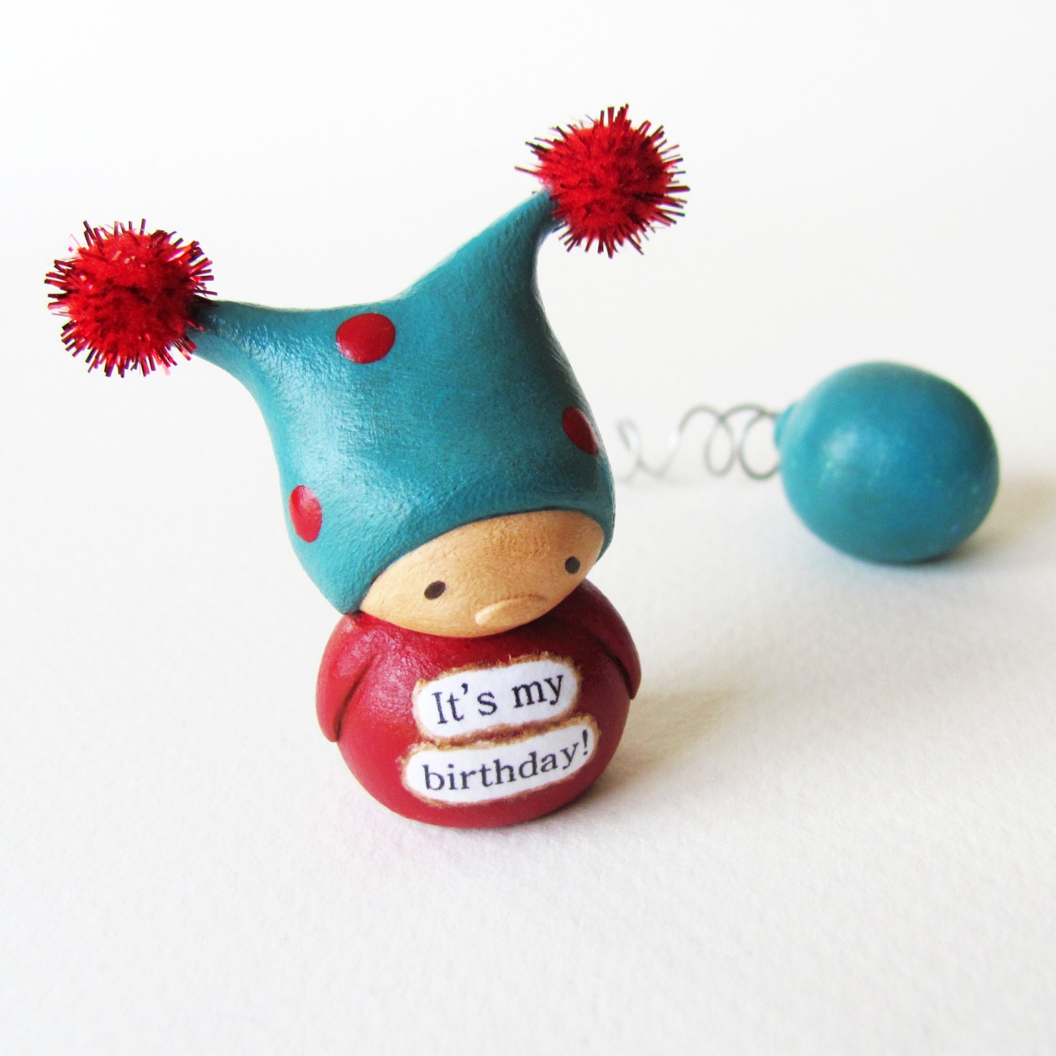 Birthday Gnome and Balloon - Clay Jester Miniature Art Sculpture by humbleBea