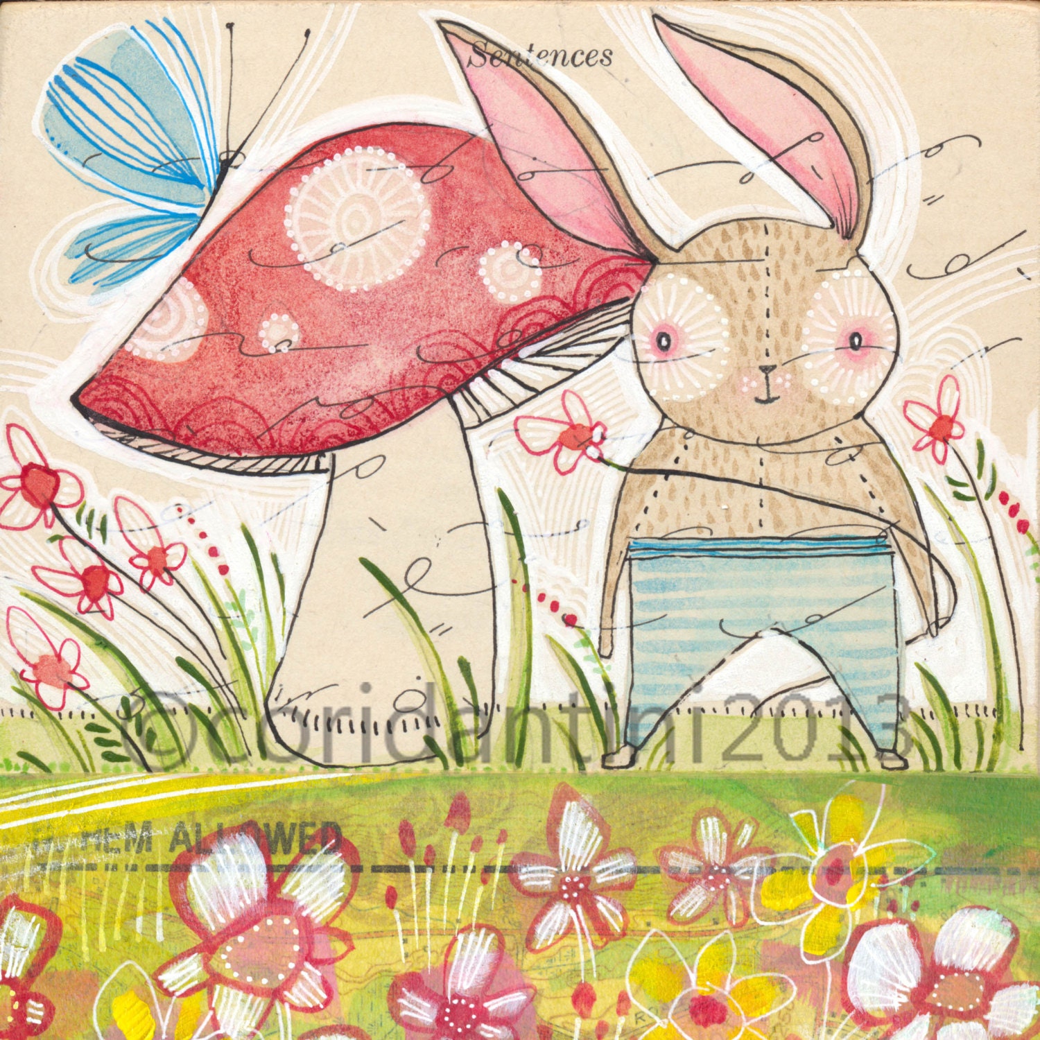 watercolor illustration of a rabbit and mushroom - bird on a branch art print - 8 x 8 archival limited edition print by cori dantini