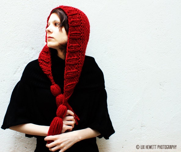 Hand Knit Hat Womens Hat Knit Hood Earflap - Tassel Hat in Poinsettia Metallic Red