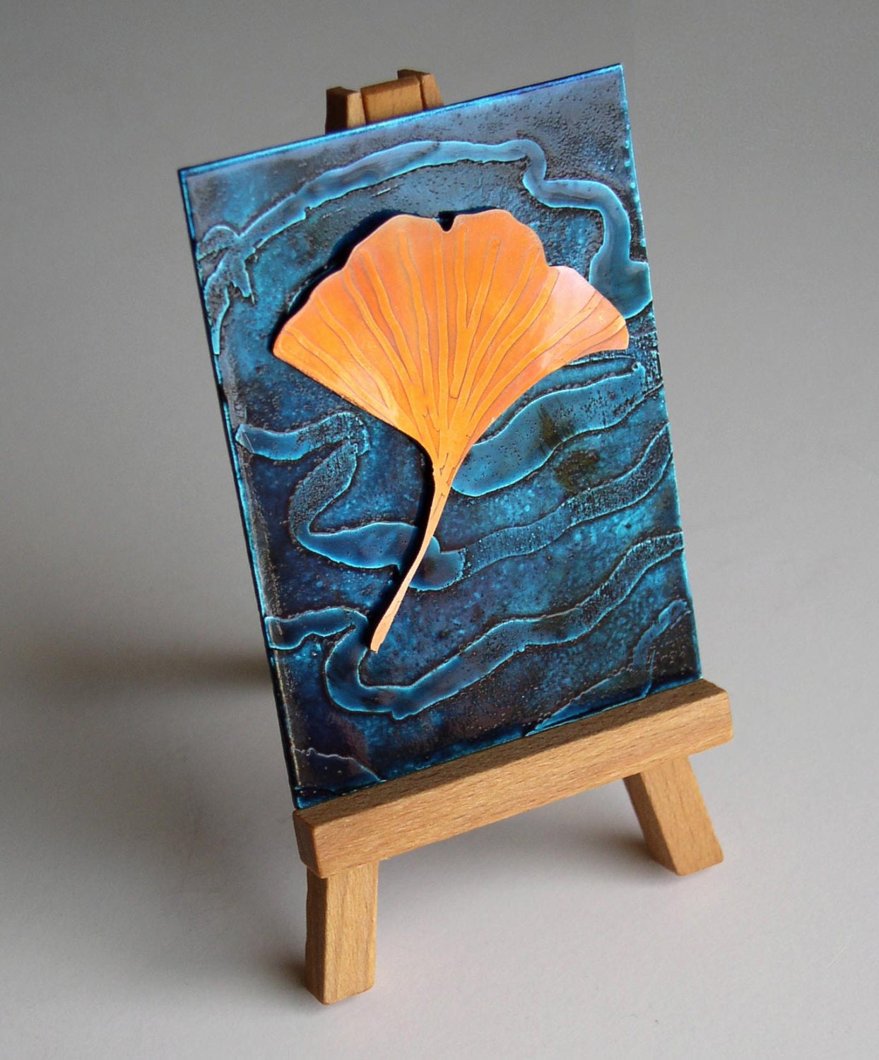 Copper Ginko Leaf metal art card with easel