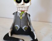 Day of the Dead Sugar Skull Doll Sculpture-- Original Hand Painted Folk Art Skeleton OOAK