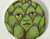 Anthropomorphic Artichoke-- Original Painting Wood Cut-Out Wall Hanging Contemporary Folk Art OOAK