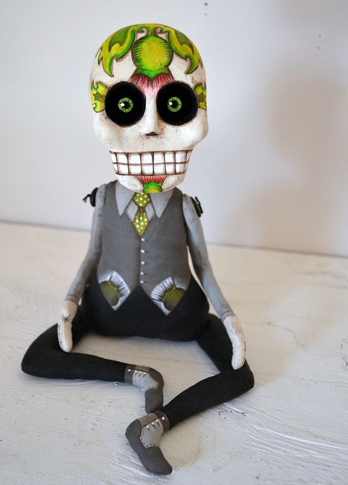 Day of the Dead Sugar Skull Doll Sculpture-- Original Hand Painted Folk Art Skeleton OOAK