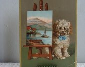 Paper Ephemera White Shaggy Haired Dog Next to Easel Painting Art Victorian Shabby Chic Art Journal Supply Scrapbooking