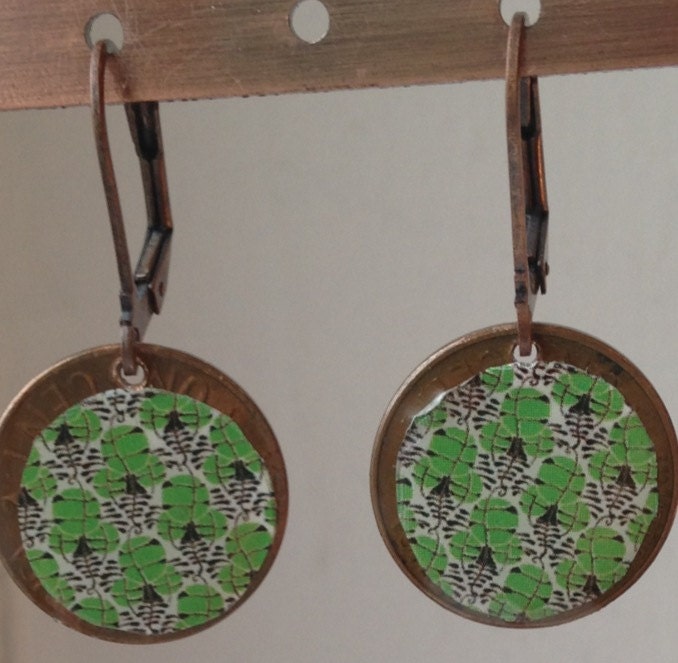 Penny Drop Earrings Emerald Green and White Deco