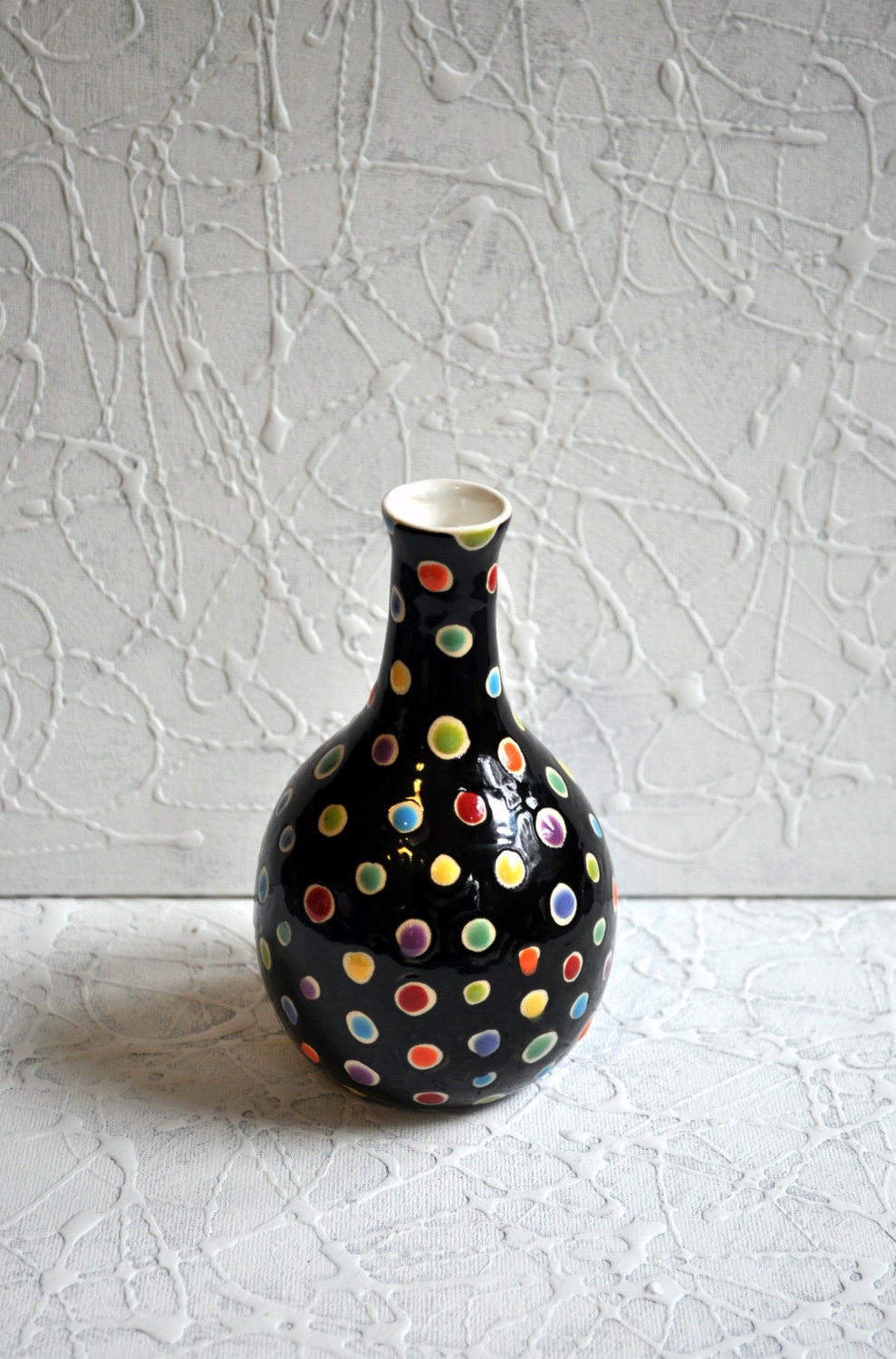 Porcelain Bud Vase- Black and White with Multi-colored Polka Dots- Rainbow Colors