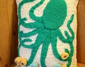 Hand Crochet Cotton Decorative Pillow with Octopus including 12" by 17" Insert