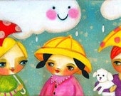 Rainy Day Friends BICHON white dog cute nursery room folk art PRINT of painting by tascha