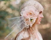 Bridal bandeau veil, silk flower headpiece - Silk flower bouquet with bandeau birdcage veil - Style 304 - Made to Order