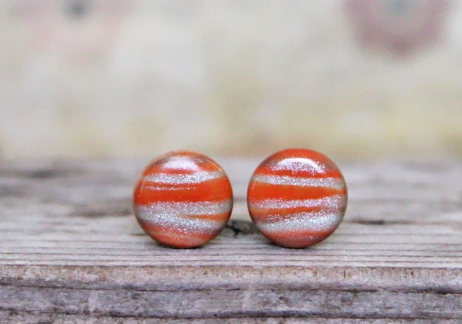 Landscape.  Post earrings. Studs. Earring posts. Polymer clay. Round earrings. Sunset. Sunrise. Orange brown. 15mm