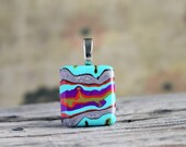 Colorful Landscape. Square polymer clay pendant.  Abstract.. Organic pattern. Tile pendant. Teal, purple, green, orange, grey