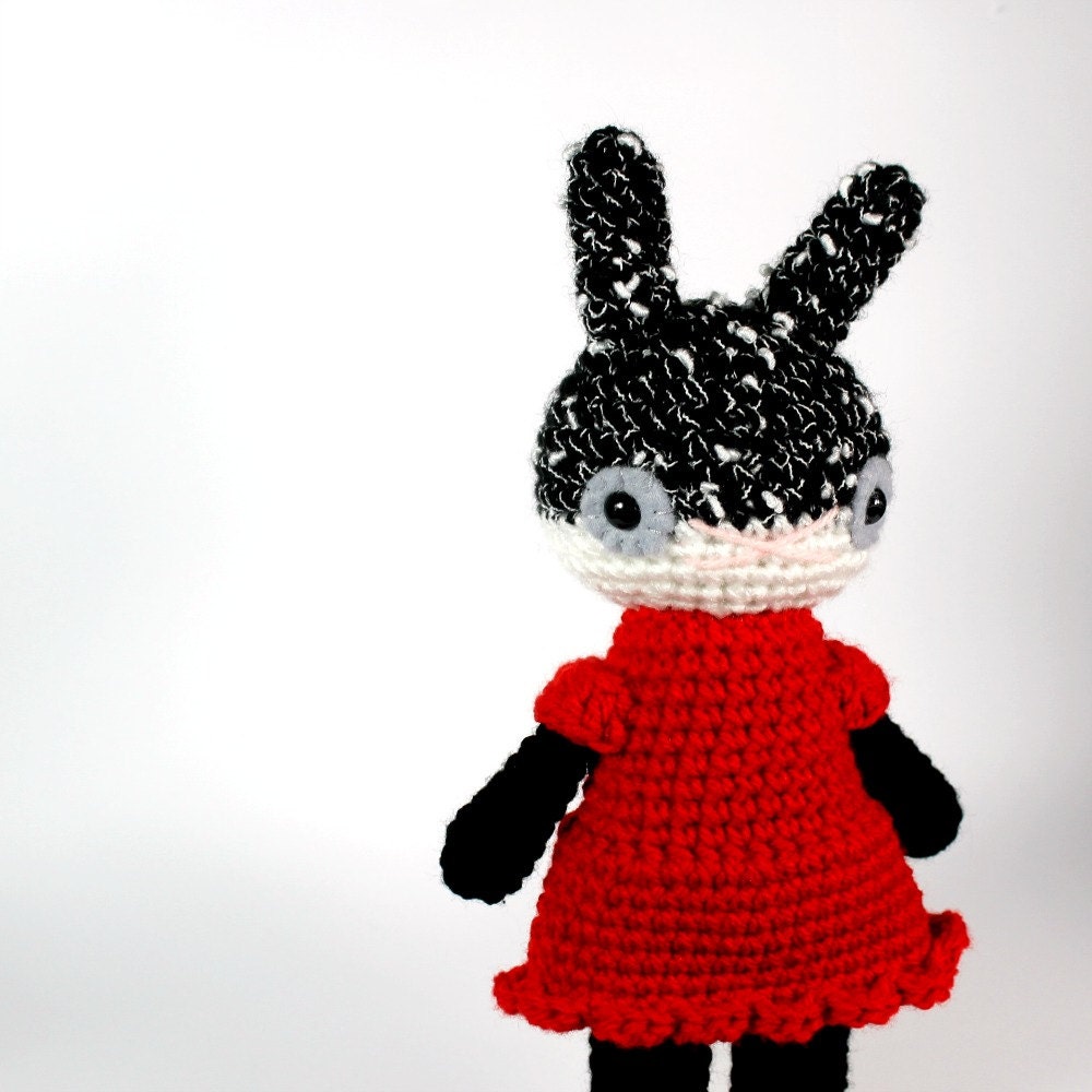 stuffed plush doll, black bunny rabbit girl toy in red dress .. little scarlet