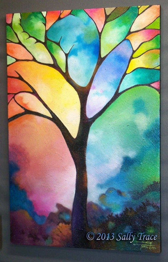 Original Commission 36x24 inch abstract landscape tree painting, lots of texture...Tree of Light...Made To Order