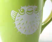 Pufferfish Mug - Light Green - microwave safe - spiny puffer fish coffee cup