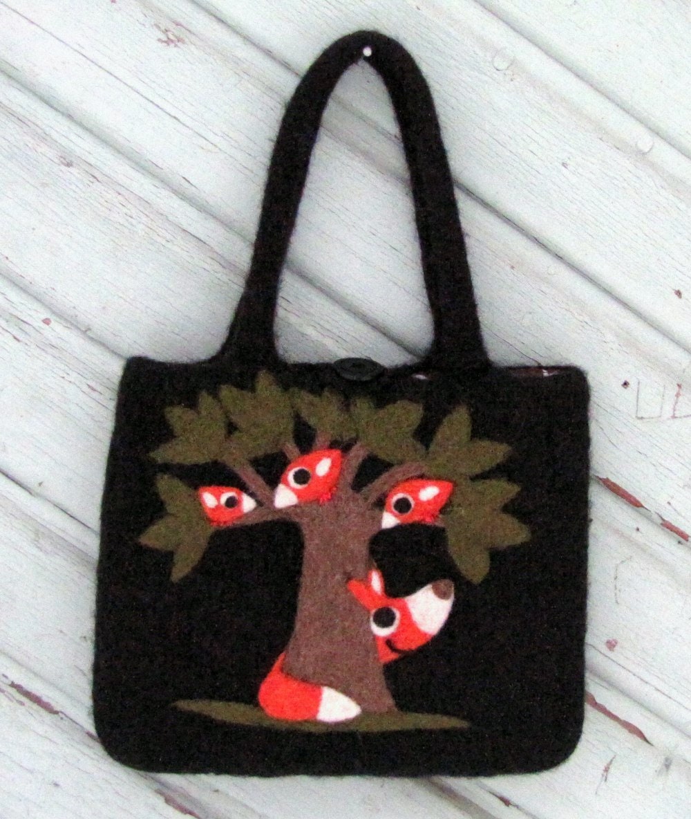 Felted bag purse black wool pouch handbag tote hand knit needle felted fox and birds in tree - HandmadebyMia