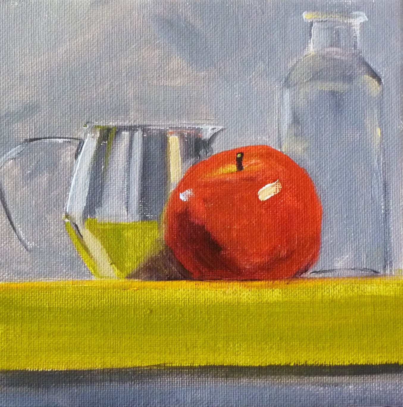 Still Life Oil Painting, Original Green and Red, 6x6 Canvas, Metal and Glass, Fruit Painting, Apple Kitchen Art, Kitchen Decor, Wall Decor