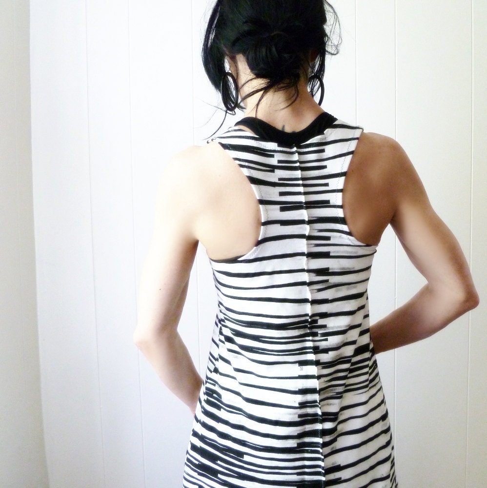 Modern Lovers  - iheartfink Handmade Hand Printed Womens Artistic Black and White Striped Racer Back Summer Tunic Top