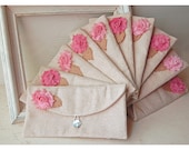 Set of 7 purse clutch burlap rose color choice raw cotton linen Bridesmaid wedding rustic Personalize gift MakeUp tagt
