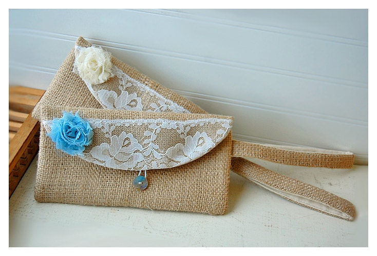 burlap purse bag lace wedding wristlet clutch rustic rose shabby flower color choice Personalize Bridesmaid party gift MakeUp